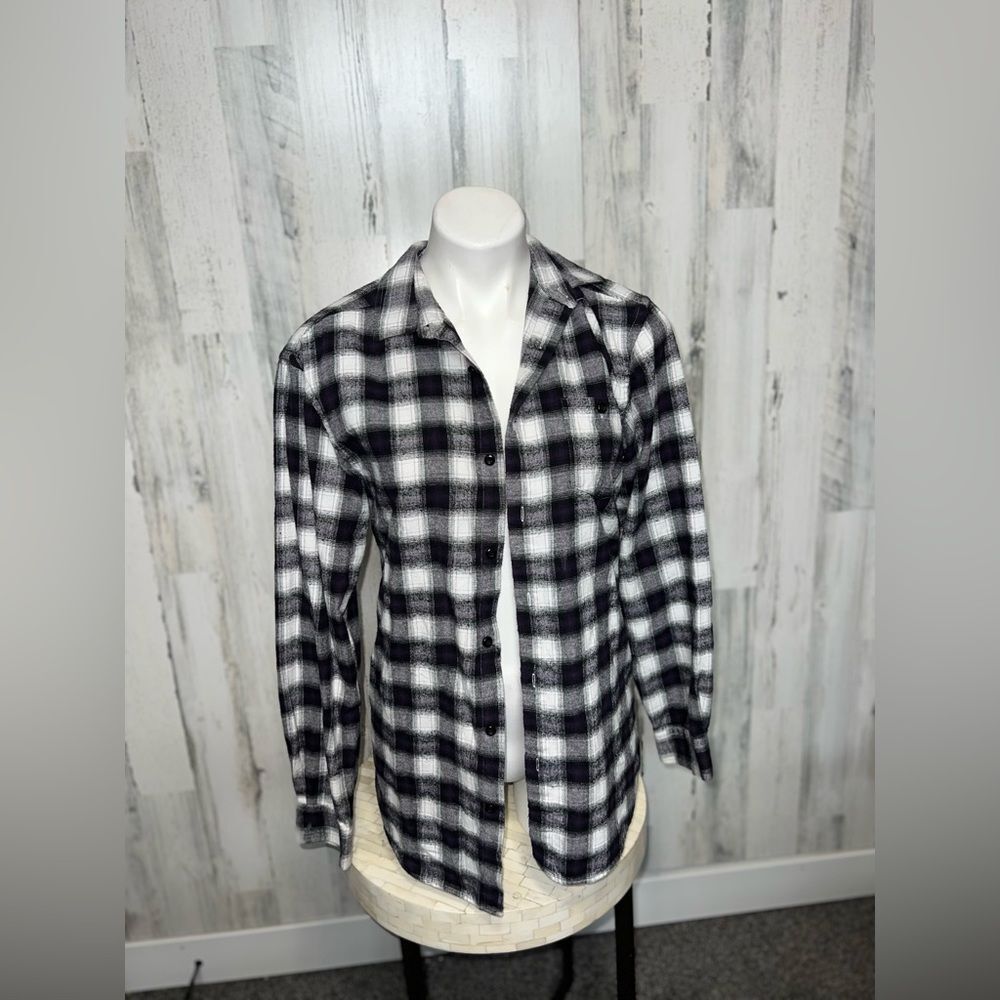 Alex Vando Black White Plaid Flannel Button Down Shirt Womens Size Small S Pocke - Picture 7 of 7